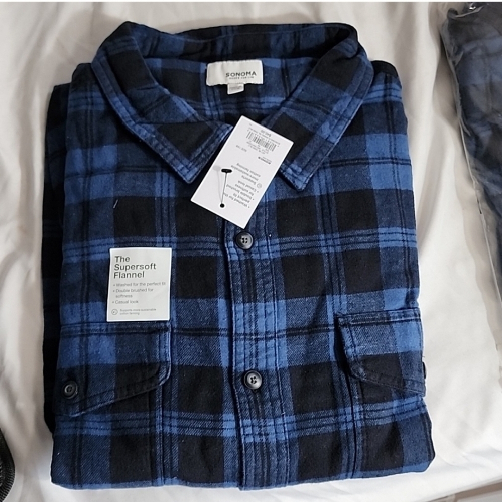 SONOMA Supersoft Flannel Shirt Blue Black Plaid Big Tall 1XB NWT